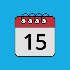 Red calendar flat icon isolated on blue background with specific day marked, day 15.