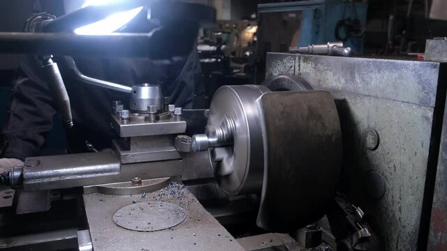 Metal worker operating working on lathe machine in workshop on factory. Turning spinning metal part in factory floor. Metalworking metallurgical industry, automated machinery production manufacturing.