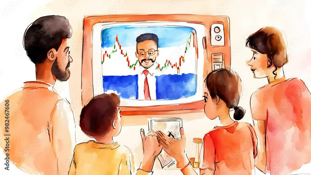 Poster three individuals closely analyze stock market trends displayed on a large screen while engaging in 