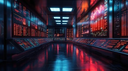 Rows of stock market tickers glowing in a high-tech trading office