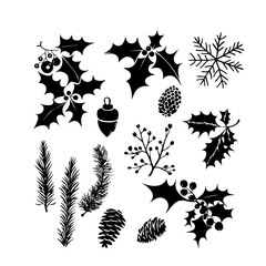 Set of winter foliage silhouettes including holly, pinecones, and berries. detailed collection of winter foliage silhouettes featuring holly