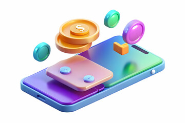 Flat Holographic Smartphone with Floating App Icons - Sleek Glossy Design & Futuristic Aura, Ideal for Branding with Blank Copy Space in Simple Vector Illustration