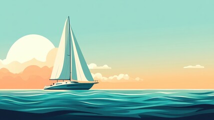 Naklejka premium Sailing Yacht Floating In Tranquil Ocean Sunny Peaceful Sky Serene Atmosphere