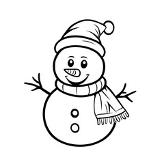 Smiling snowman with scarf and hat in a simple black and white outline