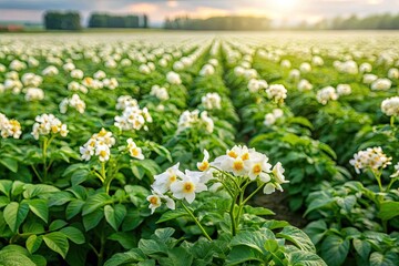 Fototapeta premium Lush green field of vibrant potato plants with delicate white flowers in full bloom