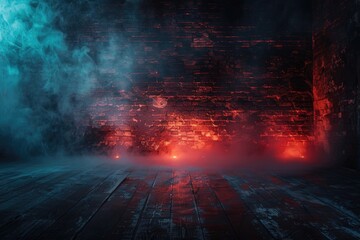 Fototapeta premium Dark basement room, empty old brick wall, sparks of fire and light on the walls and wooden floor. Dark background with smoke and bright highlights. neon lamps on the wall, night view.