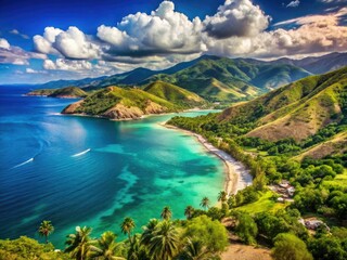 Lush green mountains slope down to turquoise waters, where white sandy beaches disappear into the horizon in Haiti's breathtaking coastal panorama.