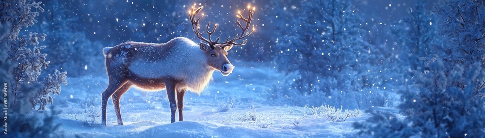 Poster a majestic reindeer stands in a snowy forest, illuminated by soft lights, creating a serene winter w