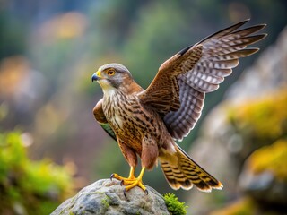 Fototapeta premium Majestic brown bird with piercing gaze and outstretched wings perches on a rugged rock.