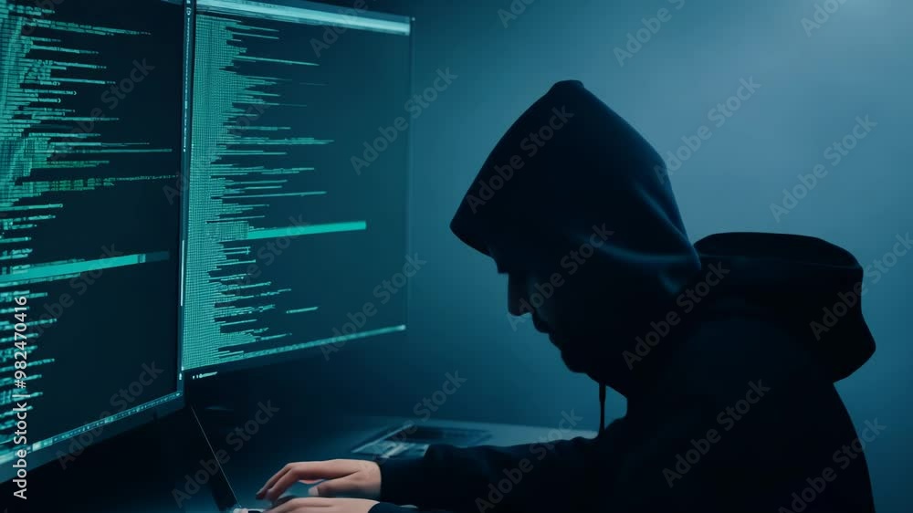 Poster a hooded individual engages in deep coding while surrounded by glowing screens in a dark, atmospheri