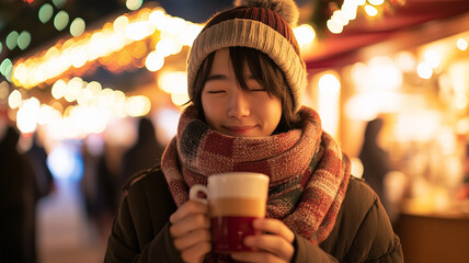 クリスマスマーケットでホットココアを楽しむ日本人学生