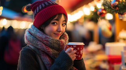 クリスマスマーケットでホットココアを楽しむ日本人学生