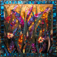 Obraz premium Mosaic artistic image of narrow border of manta ray feathers and tiger lilie