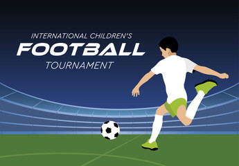 Banner advertising of a football match. Advertisement of football courses. The boy plays football in the stadium. The boy kicks the ball. Professional children's football. Children's football team