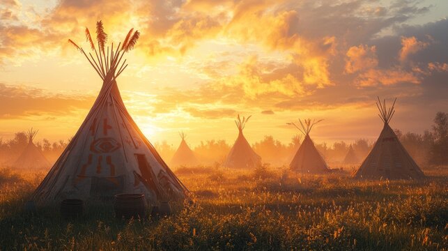 Traditional tipis standing on a field at sunset
