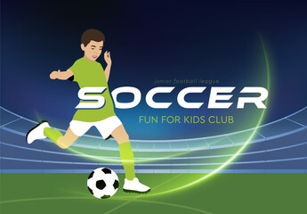 Banner advertising of a football match. Advertisement of football courses. The boy plays football in the stadium. The boy kicks the ball. Professional children's football. Children's football team