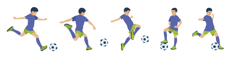 A set of different poses of a football player. The boy plays football. Youth football game. Isolated vector illustration on a white background. Flat design