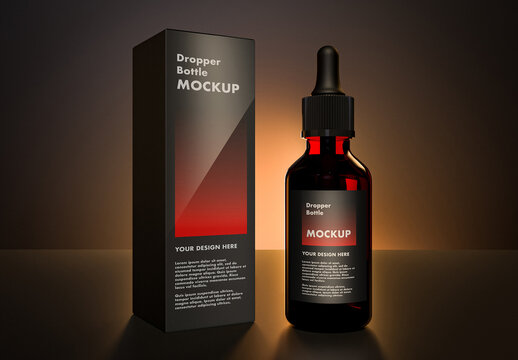 Premium Dropper Bottle Mockup with Packaging Box for Cosmetic and Essential Oils Branding on a Dark Rising Eclipse Light Background