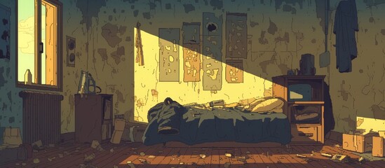 Dramatic Post Apocalyptic Bedroom With Ruined Walls
