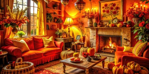 Orange, yellow, and red hues illuminate the scene, creating a cozy and inviting atmosphere.