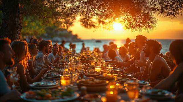 Large group of friends enjoying dinner together at sunset, sitting around a long table with plates and glasses full of food on the beach during their summer vacation.