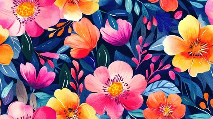 Seamless floral pattern featuring a watercolor background with vibrant flowers Illustration suitable for fabric and wrapping paper