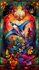 Obraz premium Stained glass vector-style image of beautiful manta ray , tropical flowers, bird feathers, color coordinated abstract expressionism surrealism apophysis paisley design
