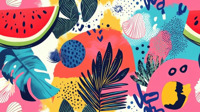 Abstract summer background in Memphis style featuring a vibrant decorative seamless pattern with hand drawn doodles and watercolor elements such as watermelon palm leaves and seashells Dynamic jux