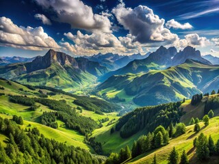 Panoramic shot of majestic mountain range with rolling hills and verdant valleys beneath a vast, blue sky