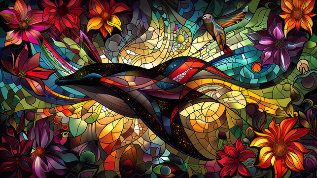 Stained glass vector-style image of beautiful manta ray , tropical flowers, bird feathers, color coordinated abstract expressionism surrealism apophysis paisley design