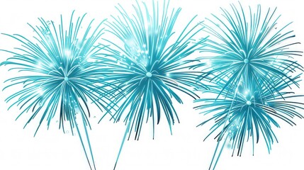 Fototapeta premium A spectacle of cyan fireworks, casting a cool, serene glow suitable for tranquil and festive overlays. isolated on white background.