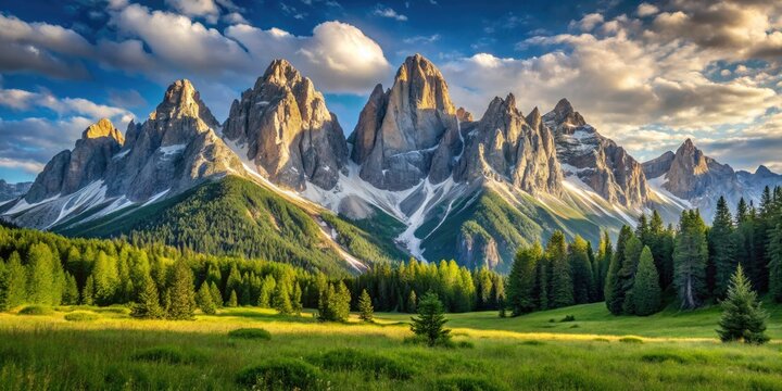Perched atop a serene alpine meadow, the majestic Mount Zerbion presents a breathtaking panorama, its jagged peaks piercing the sky.