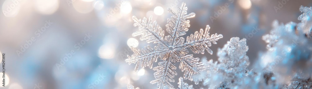 Poster close-up of a delicate snowflake resting on a frost-covered surface, showcasing intricate details an