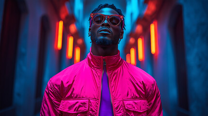 Obraz premium Male model wearing a pink and purple tracksuit, standing in a dark blue room with neon lights. The image has a high fashion style.