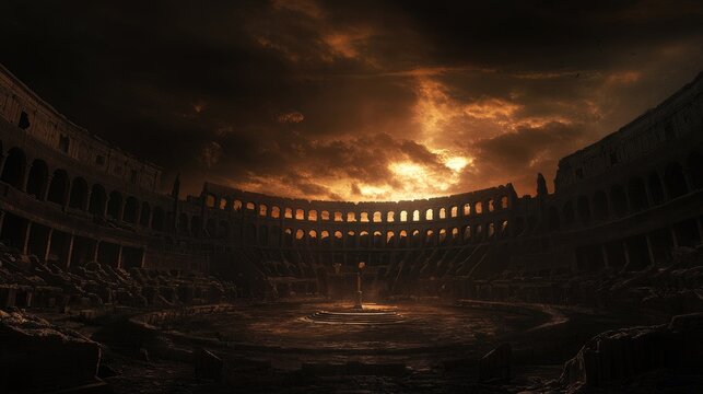 Dark and atmospheric gladiator arena in ancient Rome, the iconic Coliseum stands ready for battle.