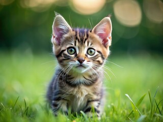 Playful tuft-eared kitten frolics on sun-kissed grass, her whimsical fur fluffed up in all directions as she chases after fluttering leaves and wispy wildflowers.