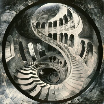 A surreal, spiraling staircase within a classical stone interior, featuring intricate archways and windows ideal for architectural, fantasy, or abstract art concepts,
