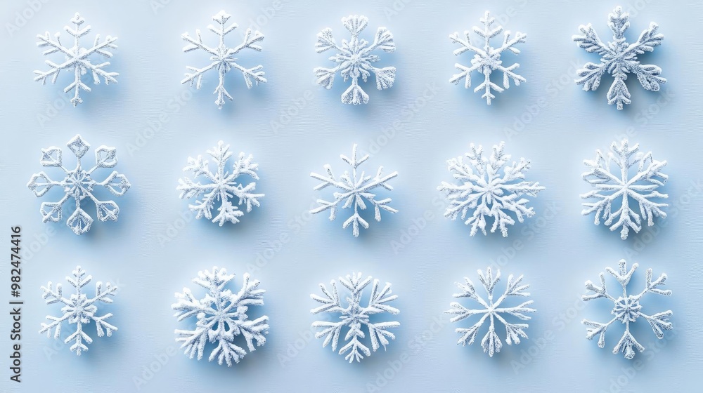 Poster a collection of unique snowflakes on a soft blue background, showcasing intricate designs and beauti