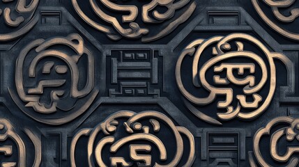 Traditional Chinese pattern seamless Asian texture Ornate bas relief design Abstract geometric wallpaper Decorative stone backdrop Tile ornamentation Illustration