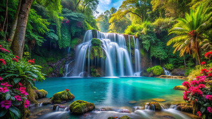 Serene turquoise waterfall cascades down moss-covered rocks, surrounded by lush greenery and exotic flowers, in a misty, vibrant tropical forest paradise.