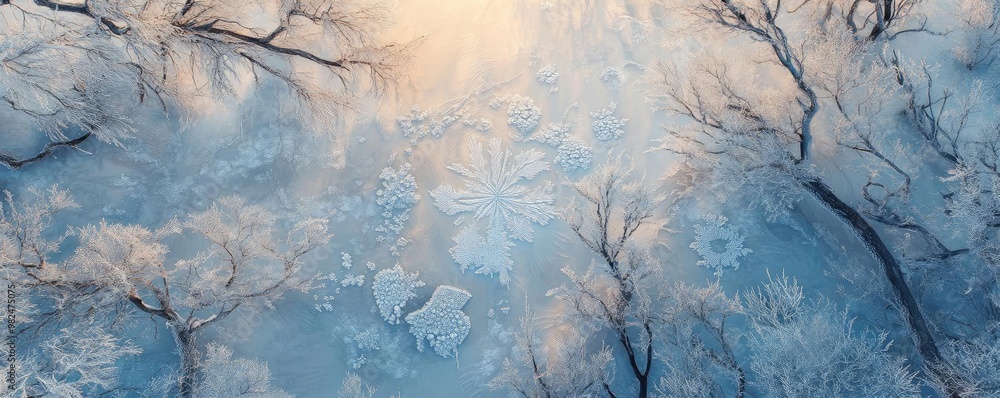 Poster a serene winter landscape featuring delicate frost patterns on snow and branches, capturing the beau