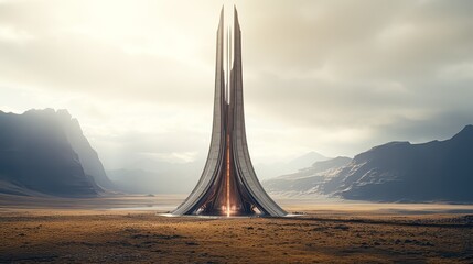 Futuristic tall skyscraper in a barren landscape with mountains in the background, ideal for science fiction themes, futuristic city presentations, or conceptual architectural designs