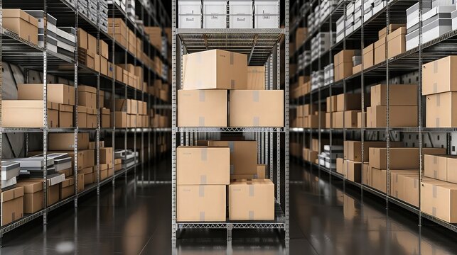 A virtual warehouse mockup with cardboard boxes stacked in an orderly fashion on metal shelving units, highlighting space management.