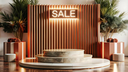3D Minimalist Podium with Barcode & Sale Sign Concept - Perfect for Retail Advertising on White Background