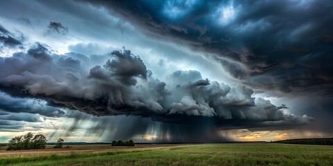 Fototapeta premium Swirling masses of gray and black clouds loom large, their darkness spreading like an ink-stained shroud as the