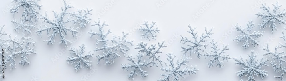 Poster A beautiful arrangement of delicate snowflakes showcasing intricate patterns on a soft white background for winter themes.