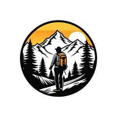 a lone hiker standing on a rocky terrain. The hiker, wearing a backpack, vectorstyle illustration on a white background, 