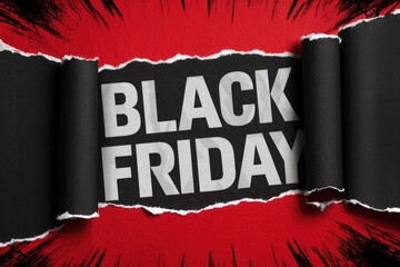 White "Black Friday" text on black torn paper texture. Advertising campaign for Black Friday sales and promotions.