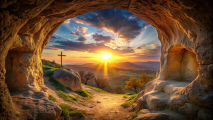 Obraz premium empty tomb of Jesus Christ at sunrise resurrection, Generative AI