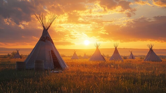 Sunset over traditional Native American tipis in an open grassy field